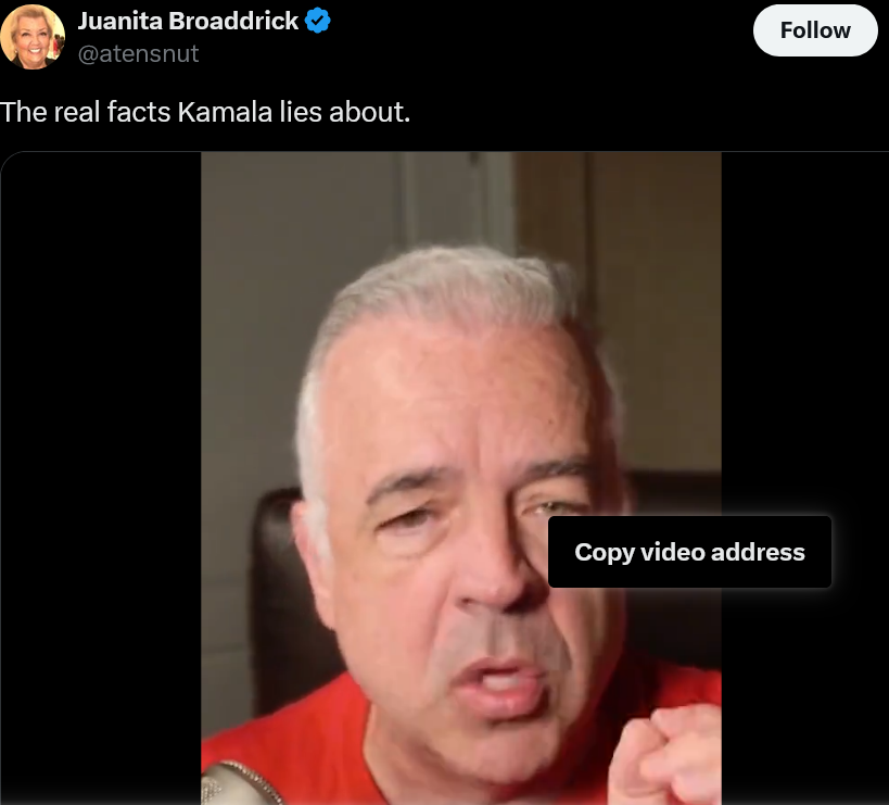 Screenshot 2024 09 13 at 10 31 49 Juanita Broaddrick on X The real facts Kamala lies about. https t.co IWXc98ujOL X